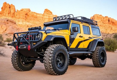 A yellow jeep sits in the desert