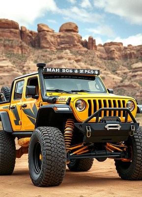A yellow jeep is parked in a desert landscape