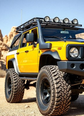 Yellow off-road vehicle with lights parked in desert