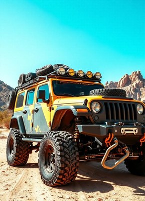 A yellow jeep drives through the desert