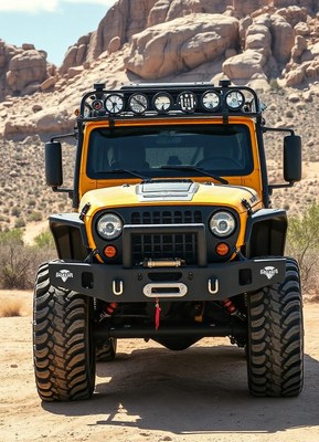 A yellow jeep sits on a dirt road in the desert