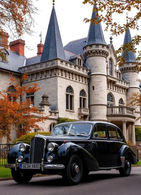 A black vintage car is parked in front of a large castle
