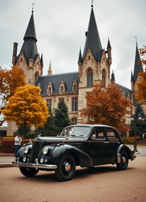 A vintage car parked in front of a castle