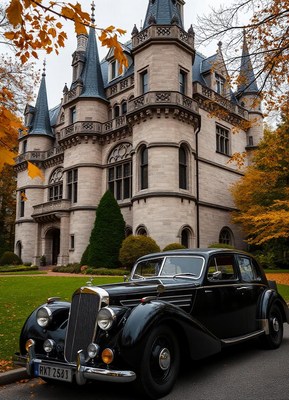 A classic car parked in front of a grand castle