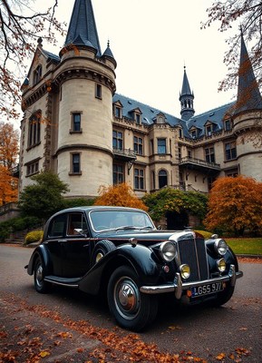 A classic car parked in front of a grand castle