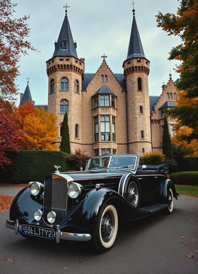 A classic car parked in front of a stone castle