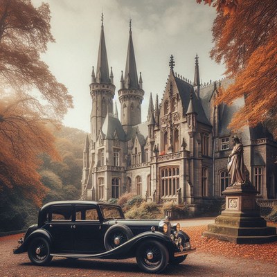 A vintage car parked outside a grand castle in autumn