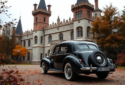 A black vintage car sits outside a grand castle in autumn
