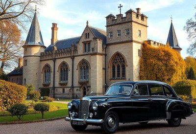 A black vintage car sits outside a historic building