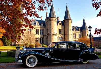 A black vintage car parked in front of a stone castle
