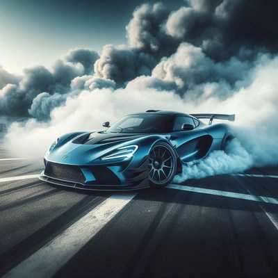 Blue sports car drifts, clouds of smoke rise