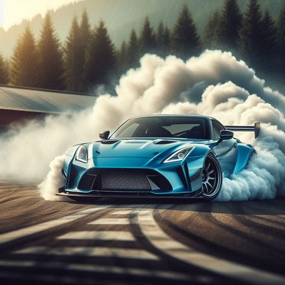 A blue sports car drifts on a racetrack