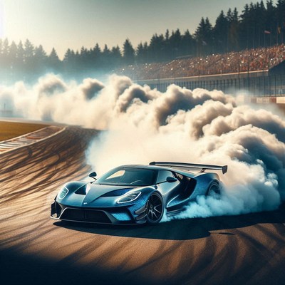 A blue sports car drifts on a racetrack