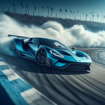 A blue sports car drifts on a racetrack