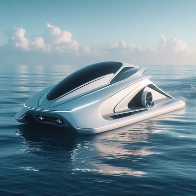 A futuristic watercraft glides across the water