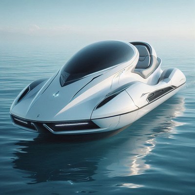 A white futuristic boat floats on calm water