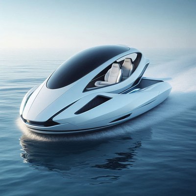 A futuristic boat glides across the water