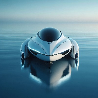 A futuristic vehicle floats on the water