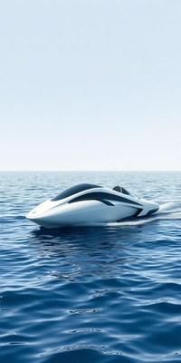 A sleek, white boat cruises across calm blue water