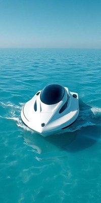 A white boat with a large dome cruises across the ocean