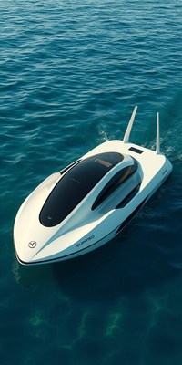 A white boat floats on blue water