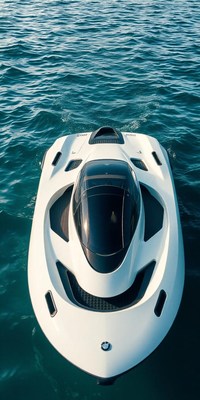 A white speedboat cruises on a blue ocean