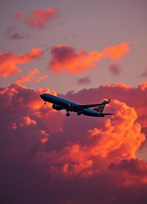A plane flies through pink and orange clouds at sunset