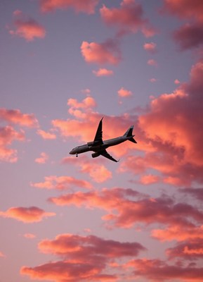 A plane flies through a pink sunset sky