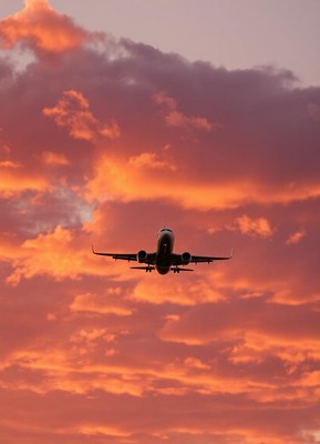 An airplane flies against a vibrant sunset sky