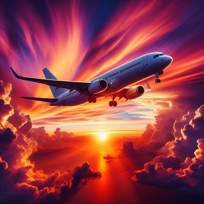 An airplane flies through a colorful sunset