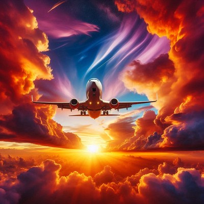 A plane flies through a colorful sunset