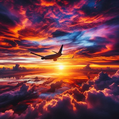 An airplane flies through a colorful sunset