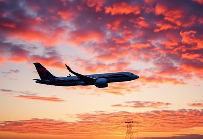 An airplane flies against a vibrant sunset sky