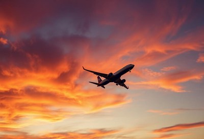 An airplane flies through a vibrant sunset sky