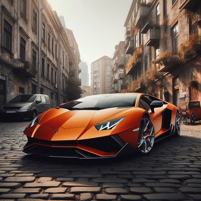 A bright orange sports car sits on a cobblestone street