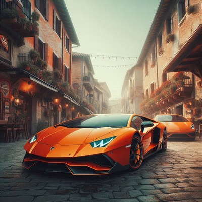An orange lamborghini drives down a narrow street