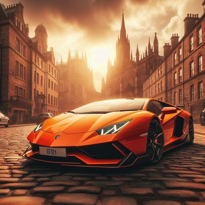 An orange sports car parked on a cobblestone street