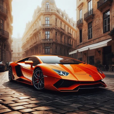 Bright orange sports car on a cobblestone street