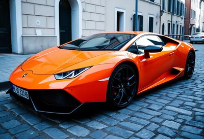 An orange sports car parked on a cobblestone street