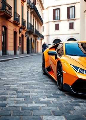 A yellow sports car parked on a cobblestone street