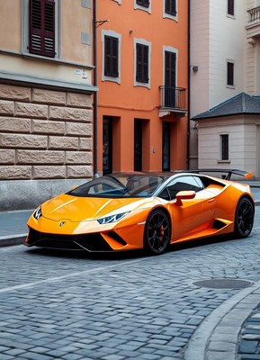 A bright orange sports car is parked on a cobblestone street