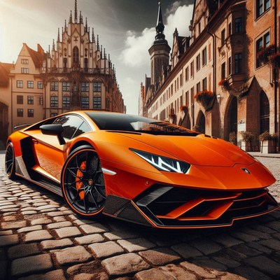 An orange sports car parked on a cobblestone street