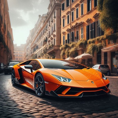 Orange lamborghini on an italian cobblestone street