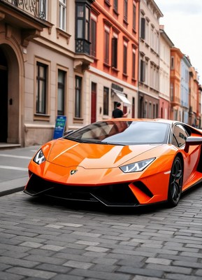 An orange sports car is parked on a cobblestone street