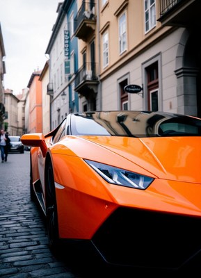 An orange sports car parked in a european city