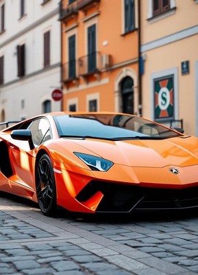 An orange sports car parked on a cobblestone street