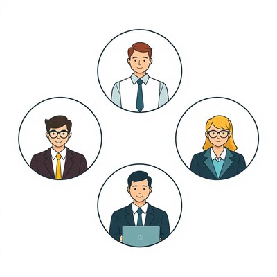 Four businesspeople are shown in a circle