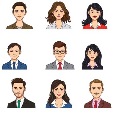 Nine cartoon people smiling for their profile pictures