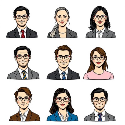 Nine cartoon professionals with glasses