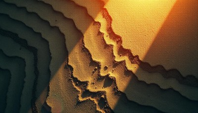 Light shines on the textured ground at sunset